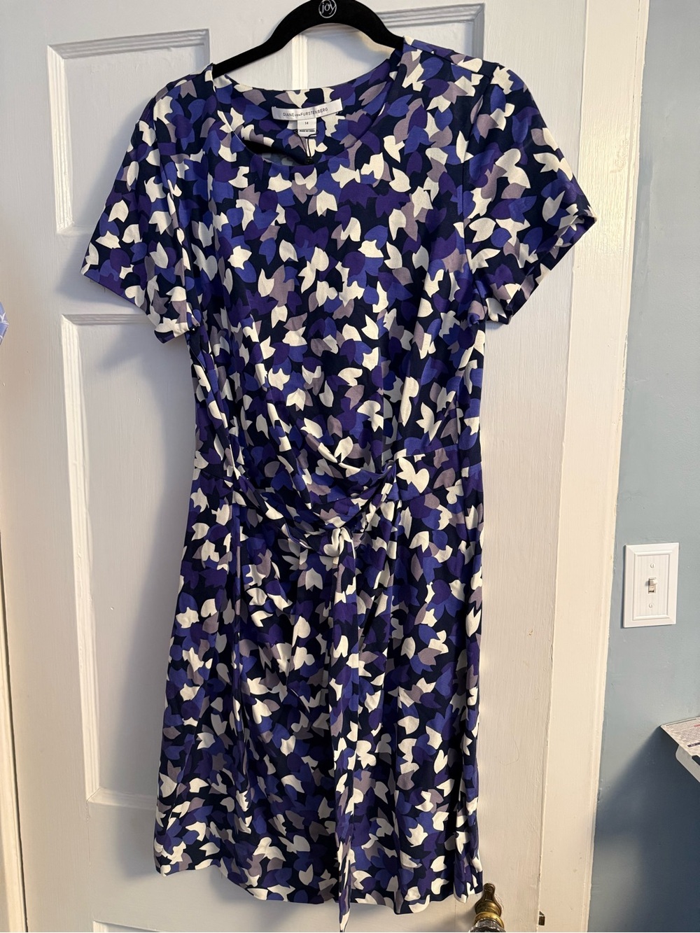 Diane Von Furstenberg DVF Purple & White Short-Sleeve Knot Front Zoe Dress - 14